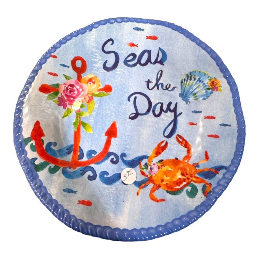 Seas The Day Nautical Melamine Plate 10" Round Blue Red Crab Anchor Beach House